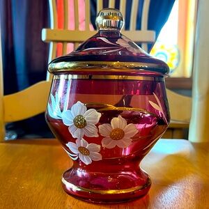 Beautiful Heavy vintage cranberry glass lidded candy dish hand painted gold gilt
